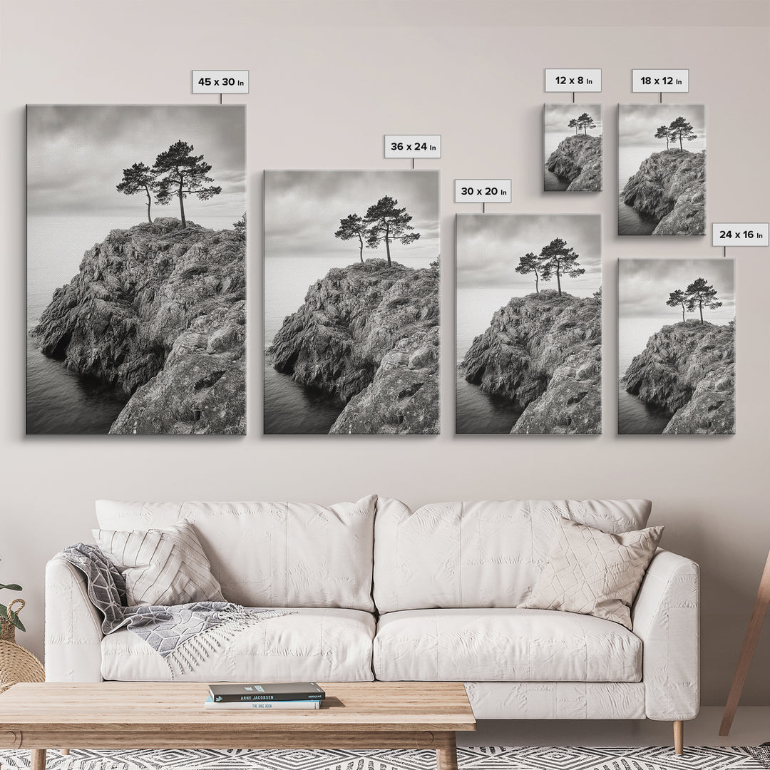 Rocky Coast, Lone Trees, Ocean View, Monochrome Calm, Framed Canvas Print, Bathroom Wall Art, Coastal Style, Minimalist Mountain Art