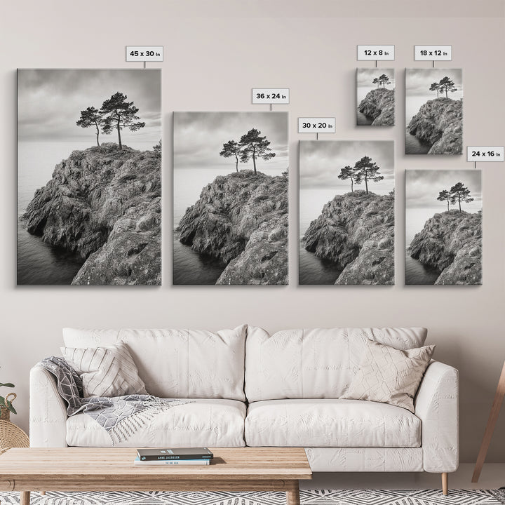 Rocky Coast, Lone Trees, Ocean View, Monochrome Calm, Framed Canvas Print, Bathroom Wall Art, Coastal Style, Minimalist Mountain Art
