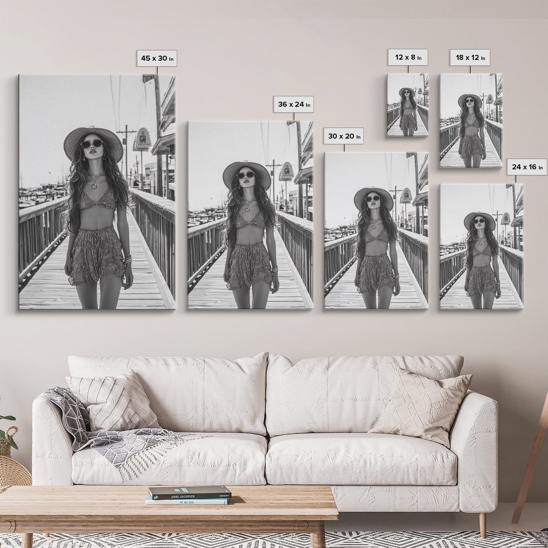 Pier Walk, Summer Fashion, Coastal Vibes, Chic Girl, Canvas Print, Fashion Wall Art, Modern Decor, Teen Room Artwork, Stylish Aesthetic