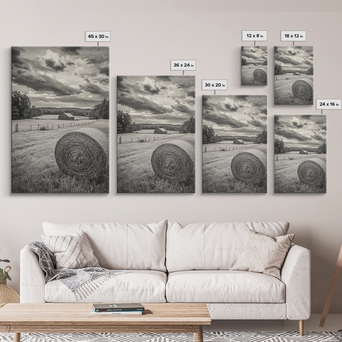 Autumn Hay Bale, Farm Field Scene, Country Landscape, Black and White Canvas Print, Rustic Kitchen or Fall Living Room Wall Art