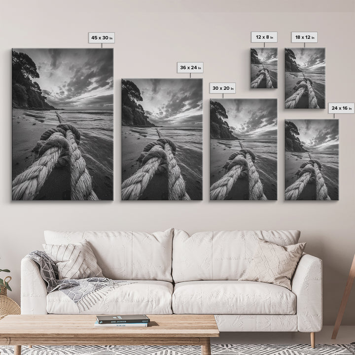Beach Rope Knot, Coastal Connection, Ocean Shoreline, Nautical Canvas Print, Black and White Bathroom or Seaside Wall Decor