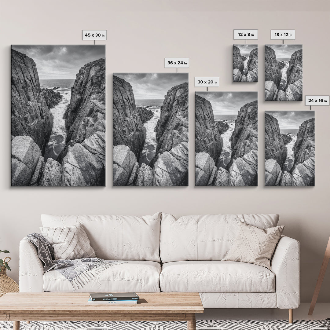Ocean Cliff Pass, Rugged Coastal Rocks, Nature Power, Monochrome Framed Canvas Print, Moody Bathroom or Masculine Office Art