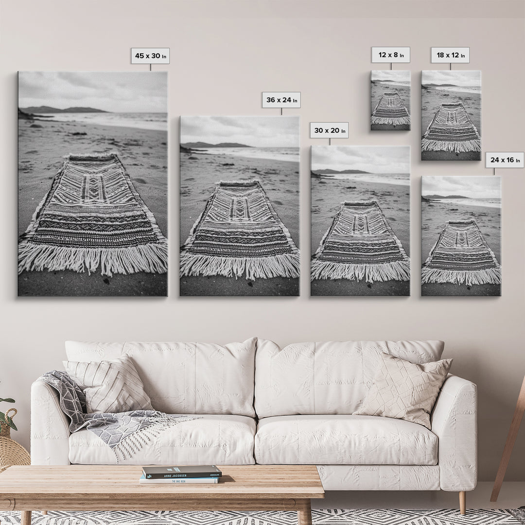 Woven Rug Beach, Bohemian Escape, Textile Texture, Black and White Canvas Print, Boho Bedroom or Yoga Studio Wall Decor