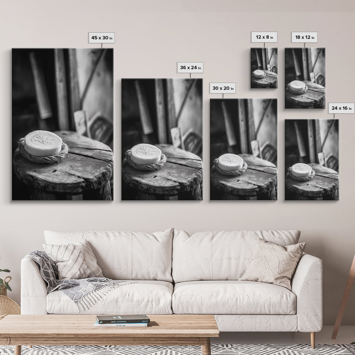 Artisan Soap Still Life, Rustic Wellness Scene, Country Bathroom, Monochrome Framed Canvas Print, Farmhouse Bathroom Wall Art