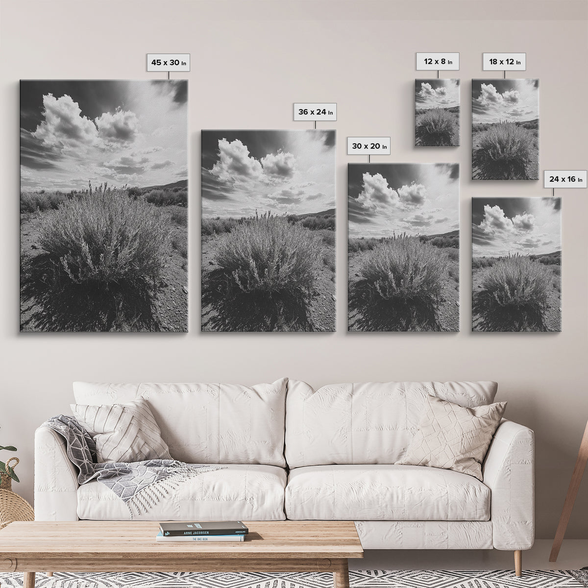 Desert Sage, Cloud Sky, Nature Wall Decor, Framed Canvas Print, Minimalist Art, Boho Style, Neutral Tones, Entryway Botanical Print