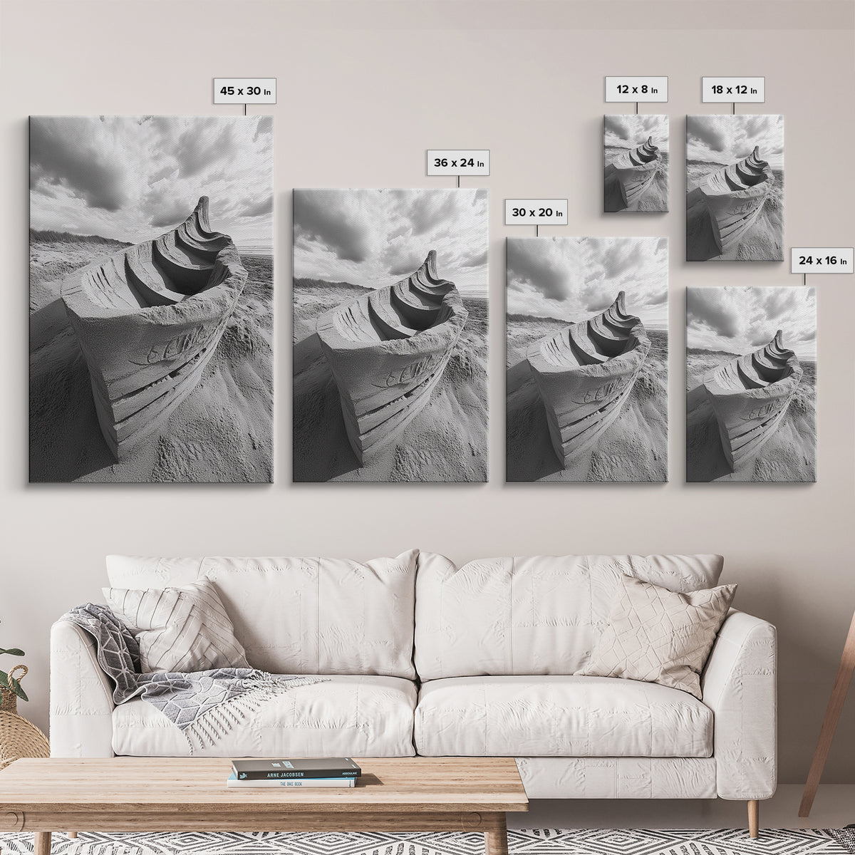 Sand Boat, Beach Sculpture, Dramatic Clouds, Textured Art, Framed Canvas Print, nautical wall art, coastal boho decor, modern beach print