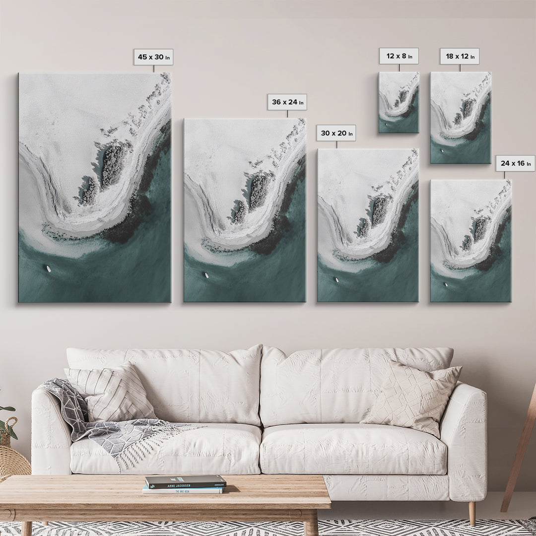 Aerial Beach, Turquoise Sea, Minimal Shoreline, Boat View, Canvas Print, coastal minimalist art, bathroom wall art, modern ocean photo