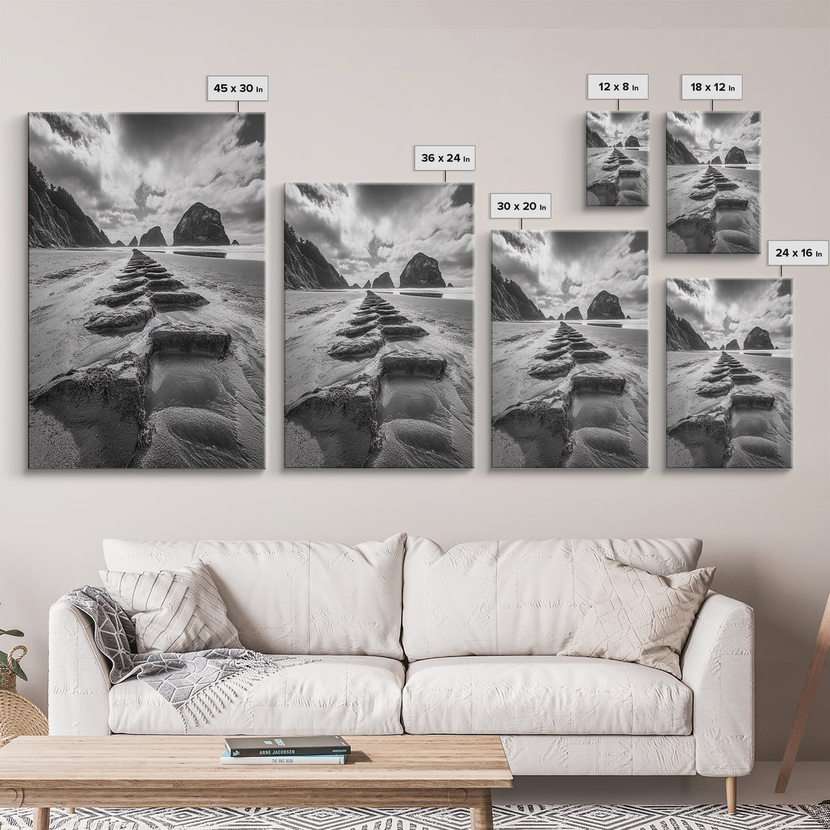 Ocean Rocks, Beach Landscape, Cloudy Sky, Rugged Coast, Canvas Print, coastal adventure wall art, living room decor, nature lover gift