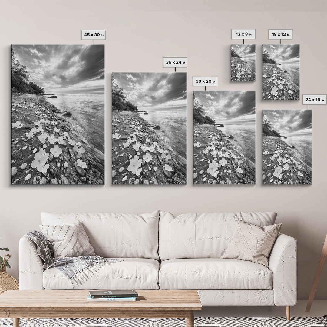 Flower Shore, Peaceful Beach, Moody Sky, Petal Scape, Framed Canvas Print, romantic beach art, bedroom decor, black and white floral print