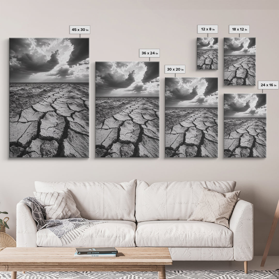 Cracked Earth, Drought Desert, Apocalyptic Sky, Dry Landscape, Canvas Print, minimalist wall decor, modern earth tones, office statement piece