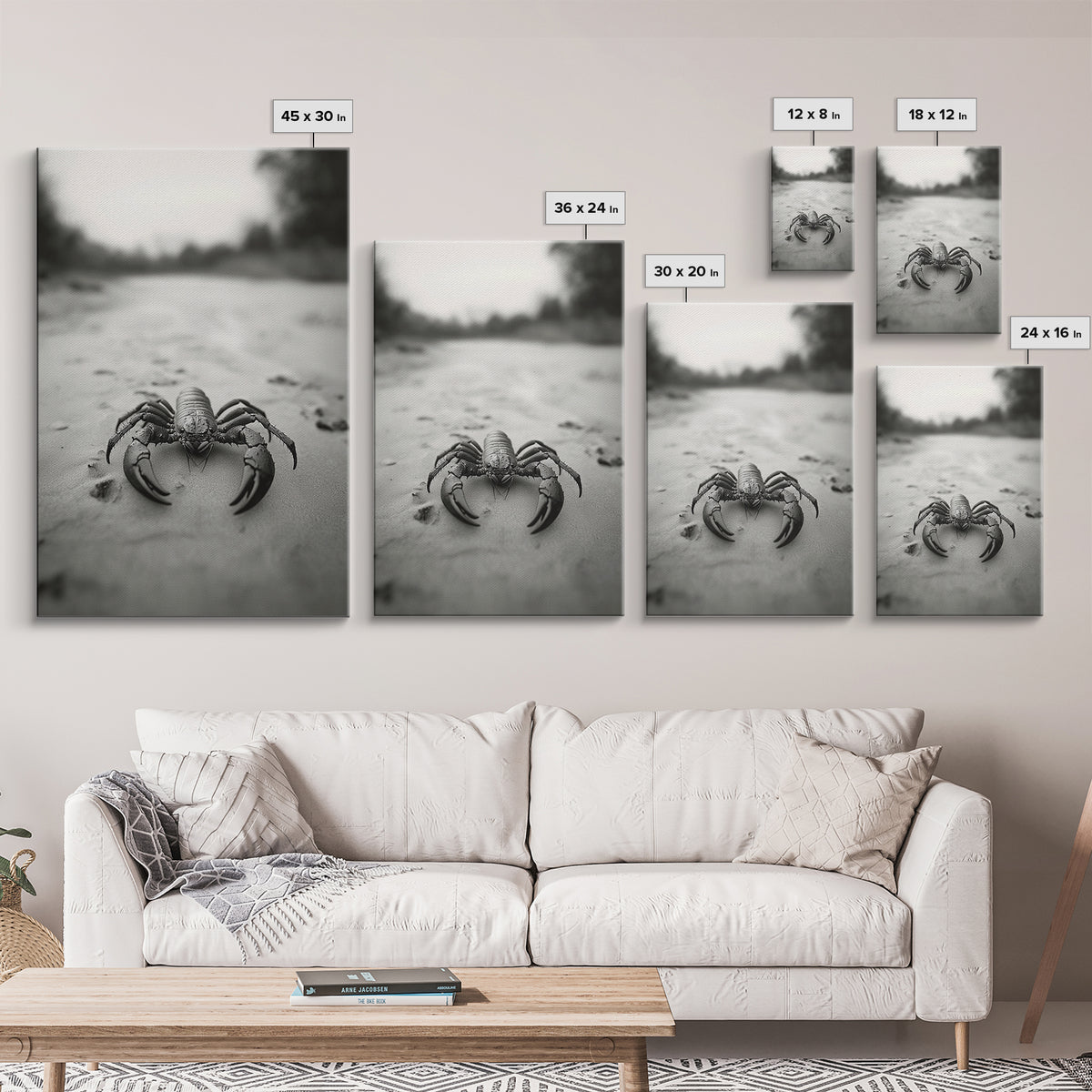 Desert Scorpion, Moody Wildlife, Sandy Ground, Focused Predator, Framed Canvas Print, edgy boho decor, masculine wall art, nature closeup