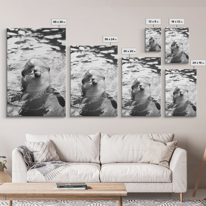 Dolphin Smile, Ocean Friend, Water Reflections, Gentle Waves, Framed Canvas Print, Kids Bathroom Art, Marine Life Decor, Playroom Artwork