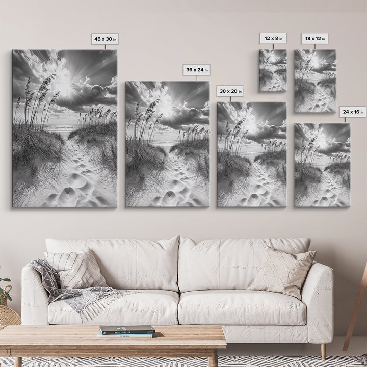 Beach Path, Seagrass Sunset, Radiant Sky, Coastal Light, Framed Canvas Print, coastal farmhouse decor, entryway art, sunshine beach scene