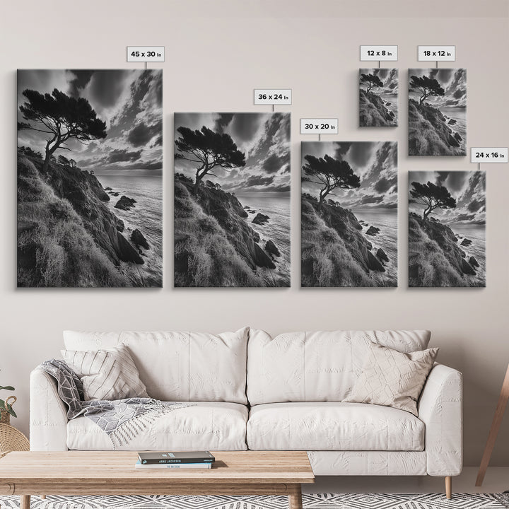 Coastal Pines, Rocky Shore, Windswept Tree, Wild Ocean Framed Canvas Print, rustic cabin art, black and white beach wall decor