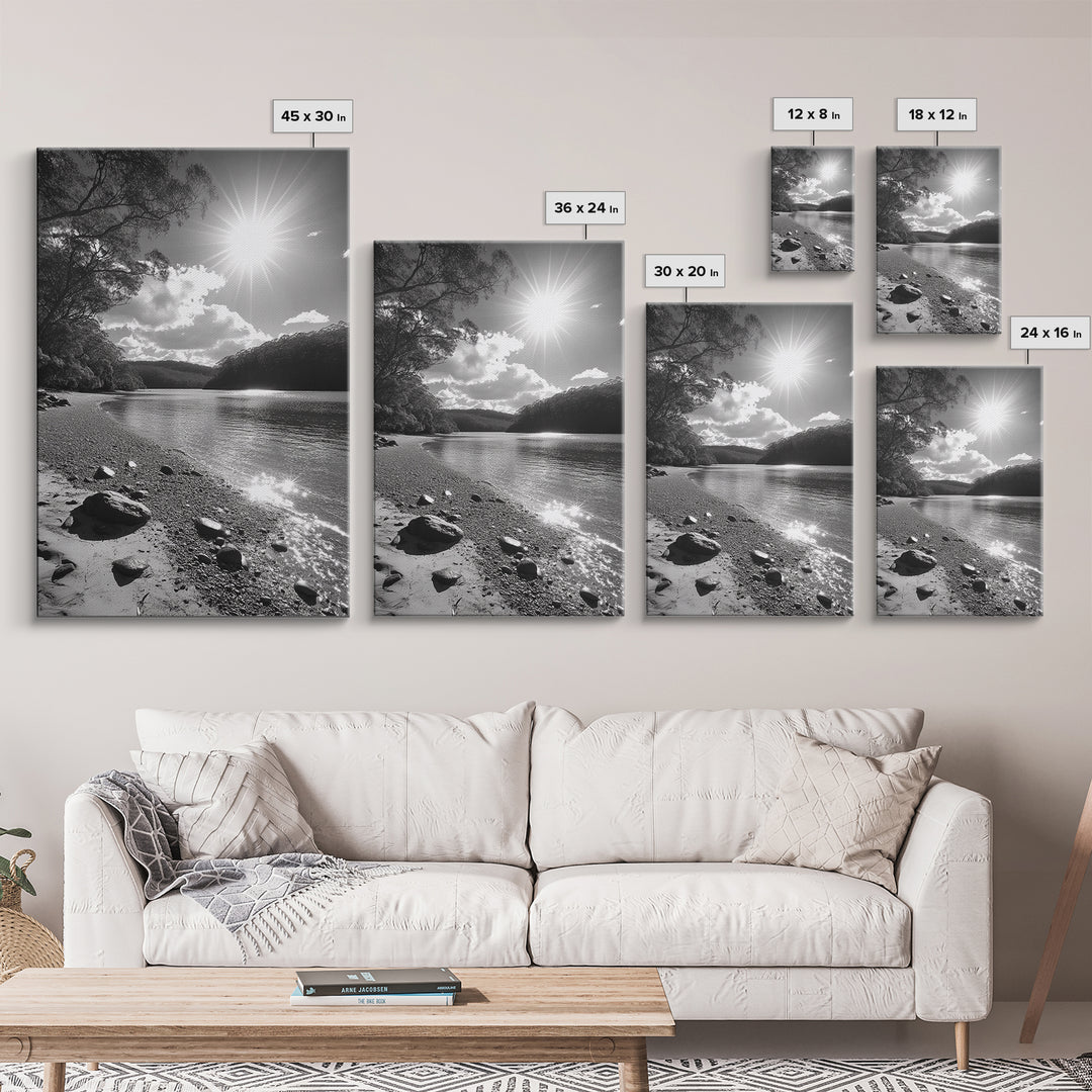 Ocean Shoreline, Serene Landscape, Coastal Photography, Canvas Print, Modern Nature Decor, Living Room Wall Art, Black and White Art