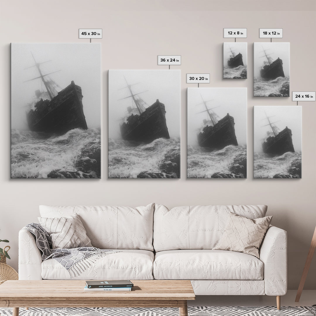 Haunted Ship, Foggy Sea, Maritime Ghost, Canvas Print, Nautical Wall Art, Pirate Ship Aesthetic, Halloween or Fall Home Decor
