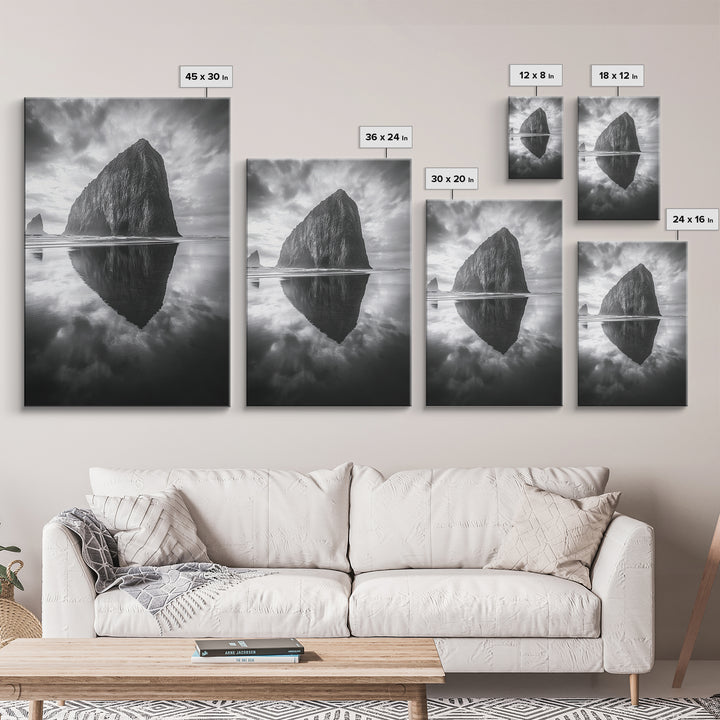 Coastal Rock, Haystack Reflection, Tranquil Beach Scene, Framed Canvas Print, Minimalist Art, Bathroom or Entryway Wall Art