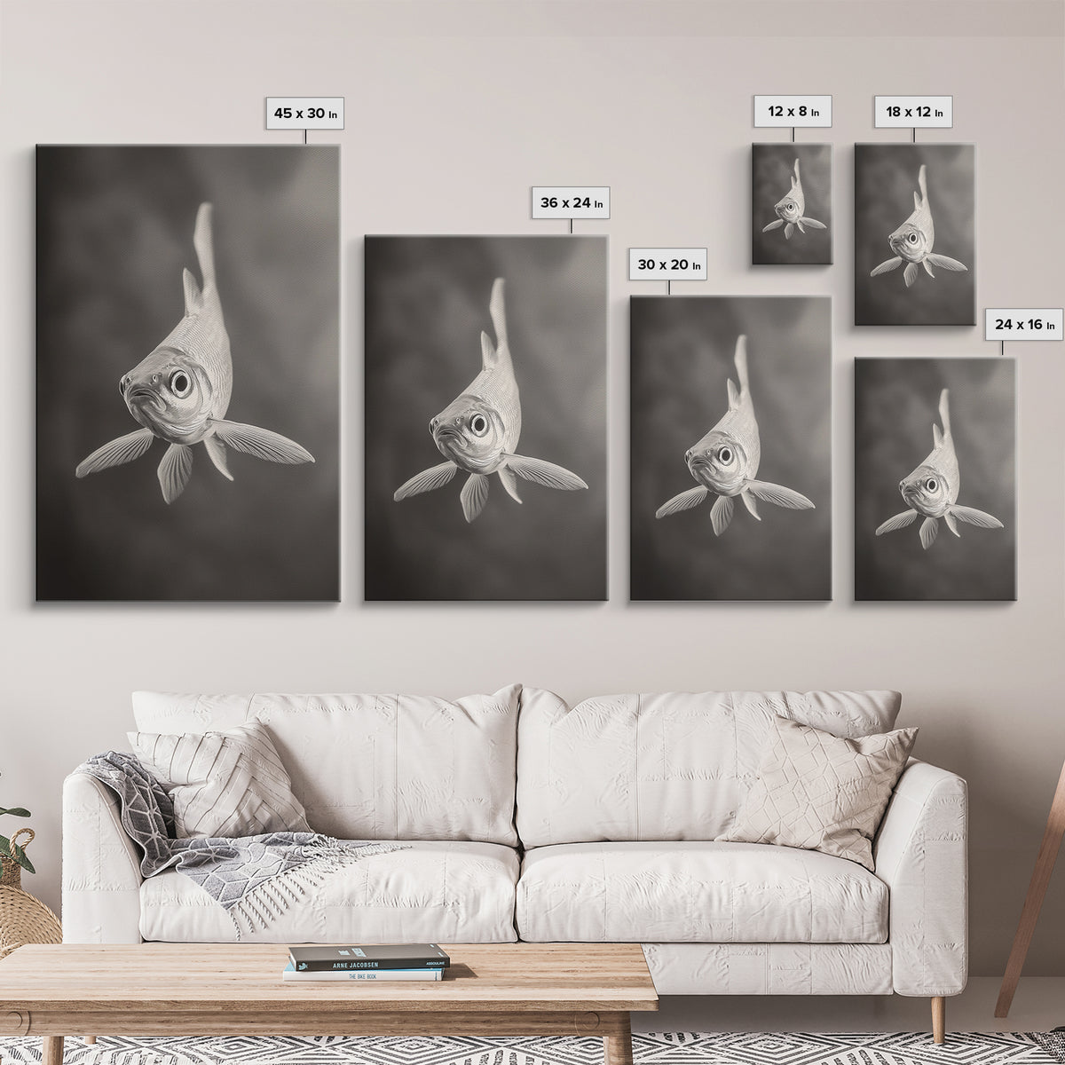 Curious Fish, Underwater Focus, Moody Marine Life, Framed Canvas Print, Bathroom Wall Art, Black and White Ocean Wildlife Decor