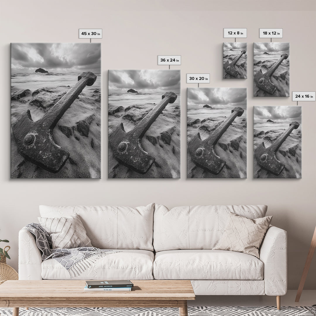 Ocean anchor scene, nautical coastal vibes, shipwreck inspiration, stormy sky, Framed Canvas Print, entryway art, maritime wall decor
