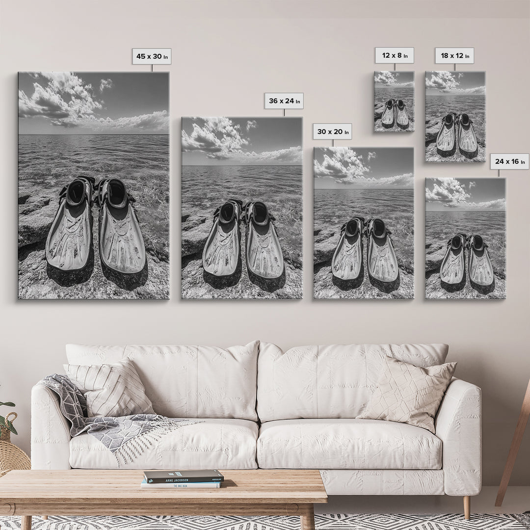 Ocean Fins, Coastal Escape, Underwater Adventure, Canvas Print, Beach Bathroom Wall Art, Nautical Photography, Black and White Decor