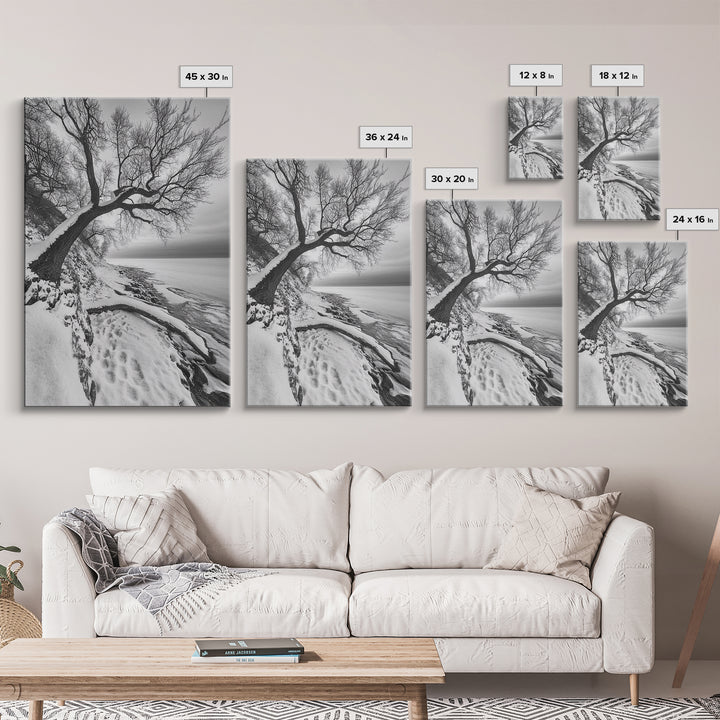 Coastal Snow, Barren Tree, Frozen Shoreline, Canvas Print, Serene Winter Decor, Entryway or Hallway Minimalist Wall Art