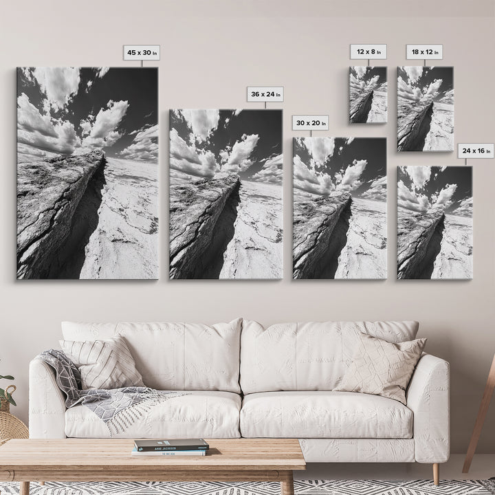Desert Crack, Dramatic Sky, Harsh Terrain, Framed Canvas Print, Abstract Nature Photography, Rustic Office or Study Wall Art