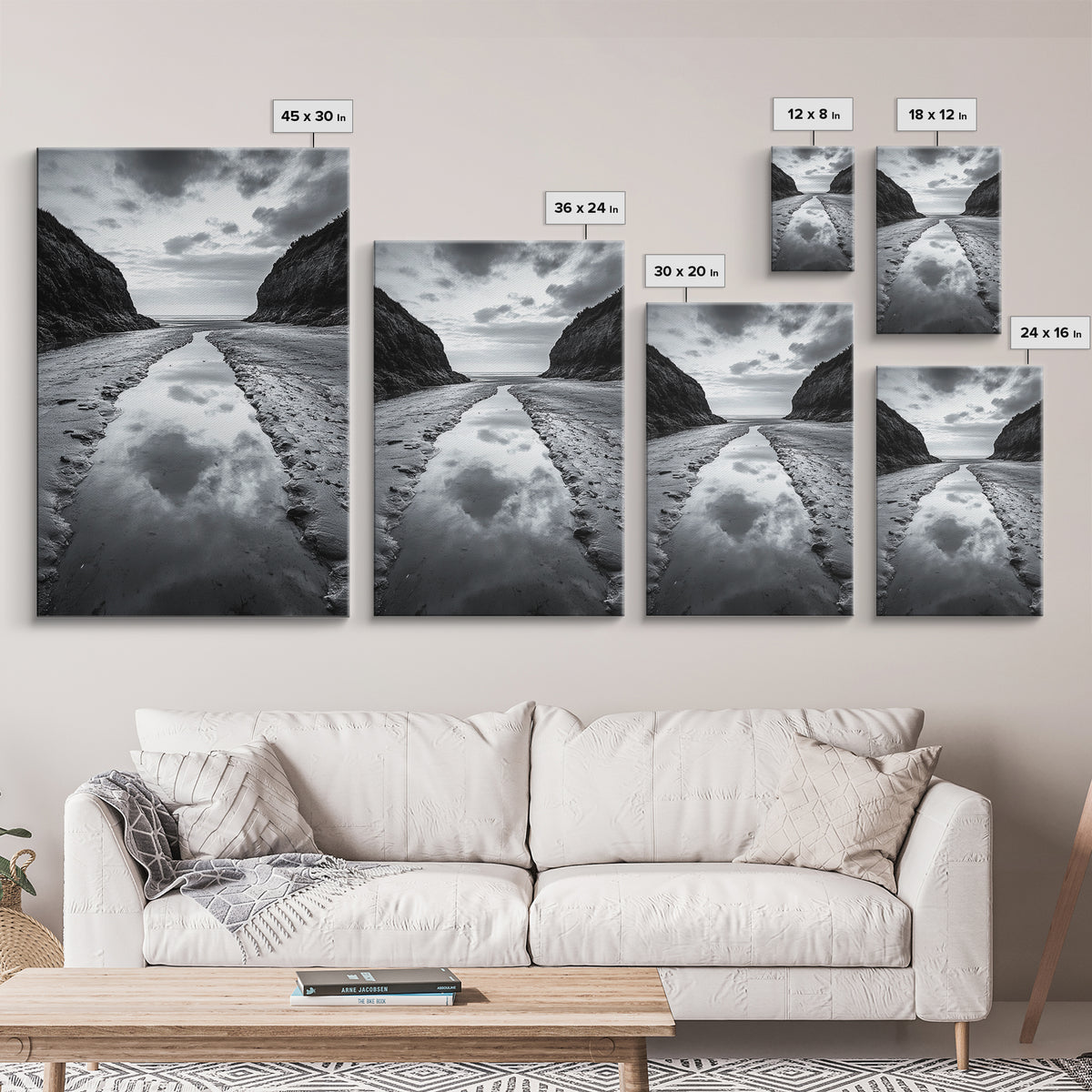 Ocean Reflection, Seaside Path, Moody Coastline, Canvas Print, Black and White Nature Photography, Modern Living Room Wall Art