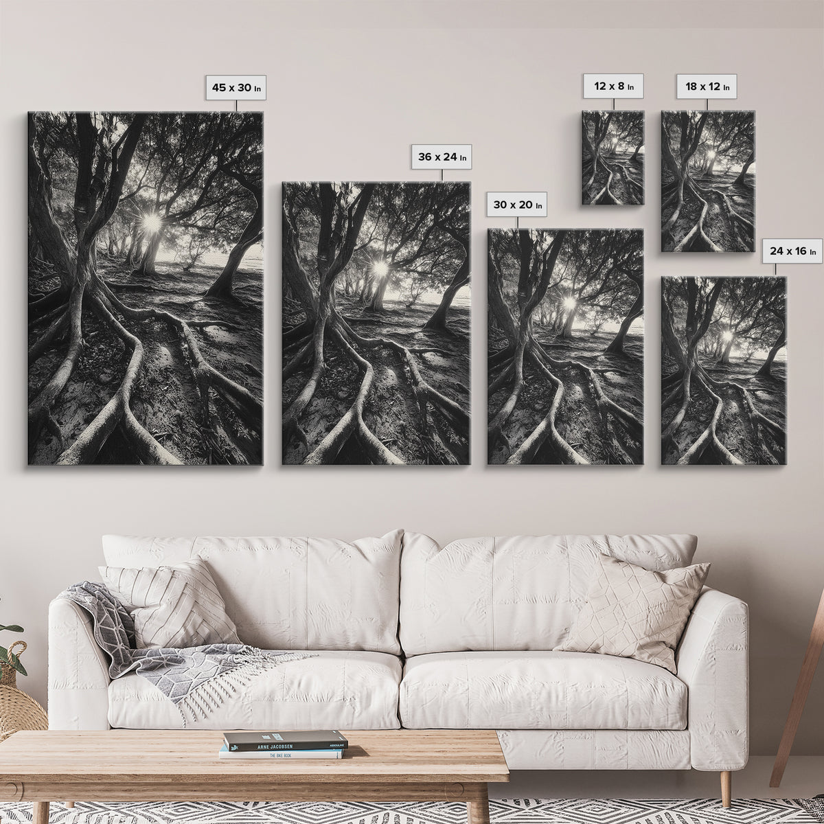 Sunlit Forest Roots, Tree Shadows, Golden Light, Framed Canvas Print, Boho Nature Wall Art, Bedroom Wall Decor, Earthy Tones