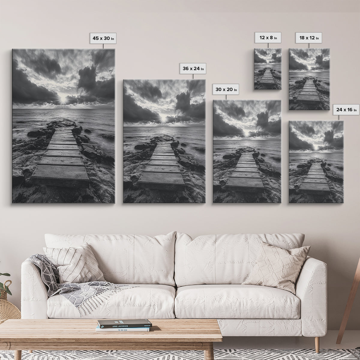 Ocean Pier Sunset, Dramatic Clouds, Seascape Pathway, Canvas Print, Coastal Living Room Art, Tranquil Decor, Minimalist Style