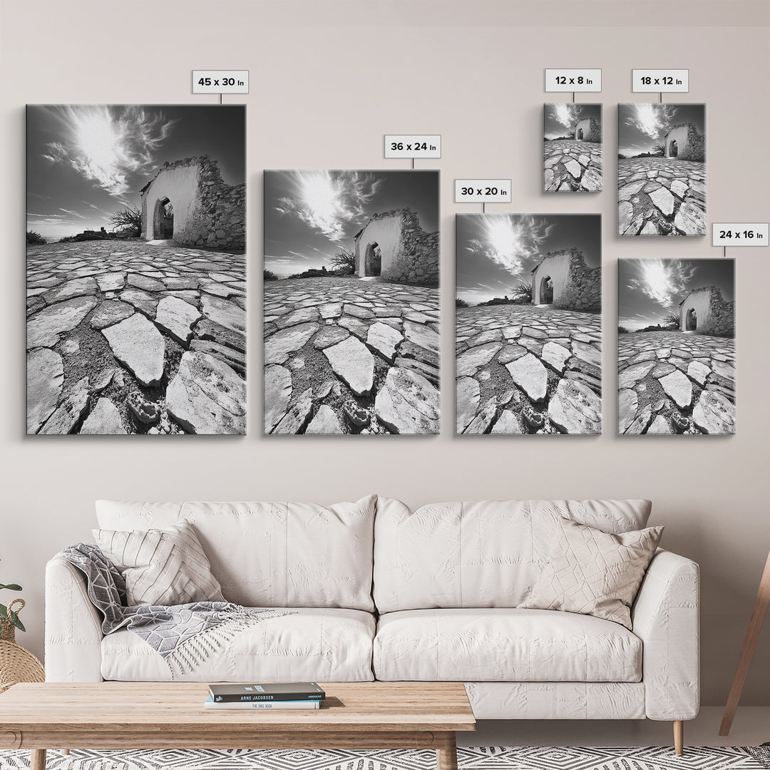 Desert Archway, Stone Ruins, Sunny Sky, Canvas Print, Rustic Travel Wall Art, Mediterranean Decor, Minimalist Earthy Aesthetic