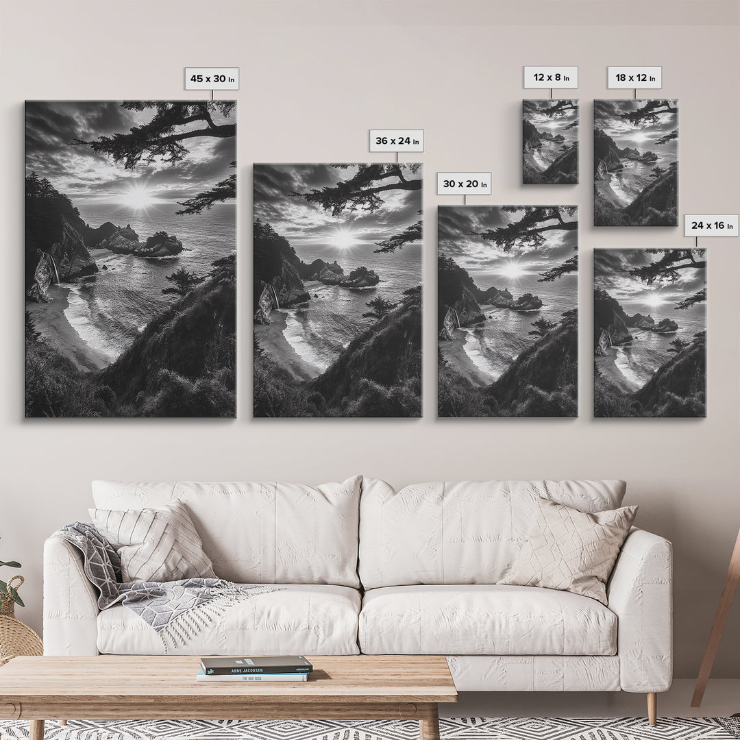 Cliffside Ocean View, Sunset Horizon, Trees Framing Sky, Canvas Print, Coastal Landscape Art, Cabin Living Room Decor, Moody Style