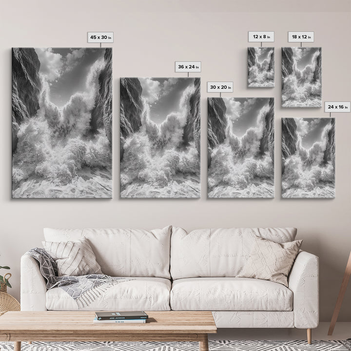 Ocean Splash, Cliff Waves, Nature Power, Dramatic Seascape, Framed Canvas Print, Living Room Statement, Black and White Wall Art