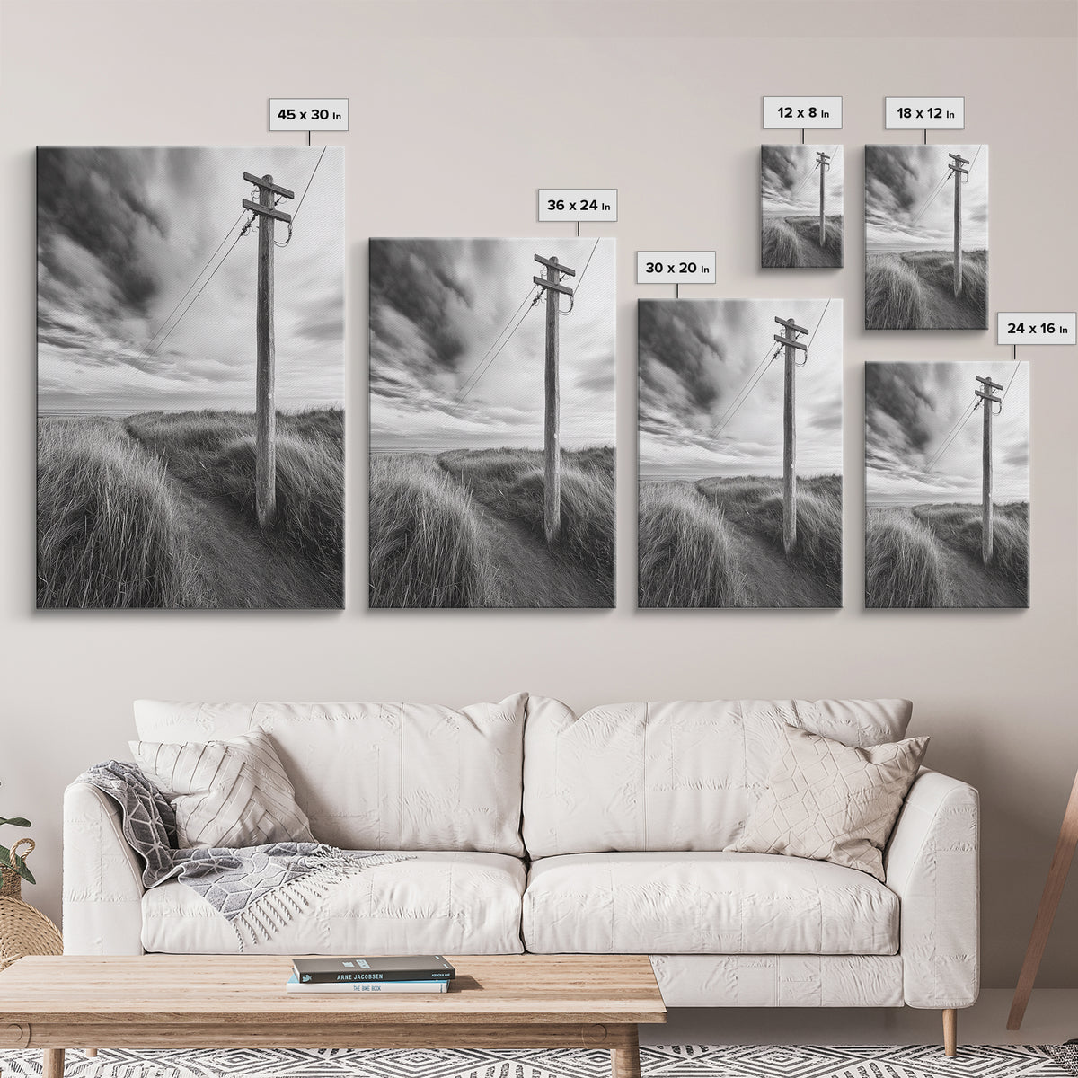 Coastal Path, Telephone Pole, Cloudy Sky, Minimal Nature Scene, Canvas Print, Entryway Wall Art, Rustic Landscape Photography Decor