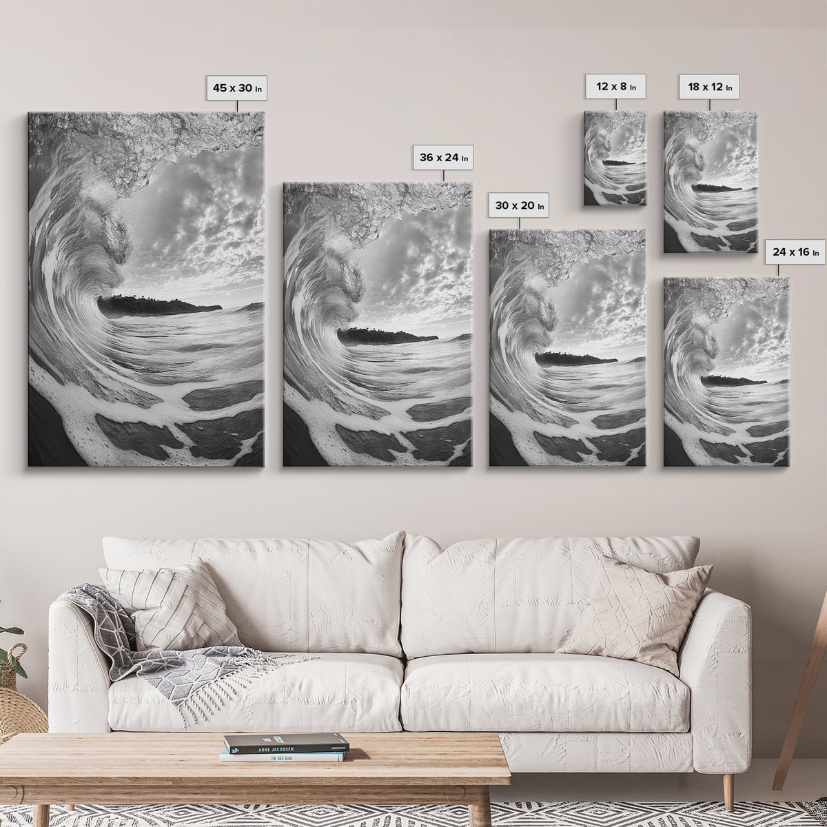 Ocean Wave Tunnel, Surfer's Eye View, Coastal Landscape, Bathroom Wall Art, Adventure Vibes, Framed Canvas Print, Black White Photography