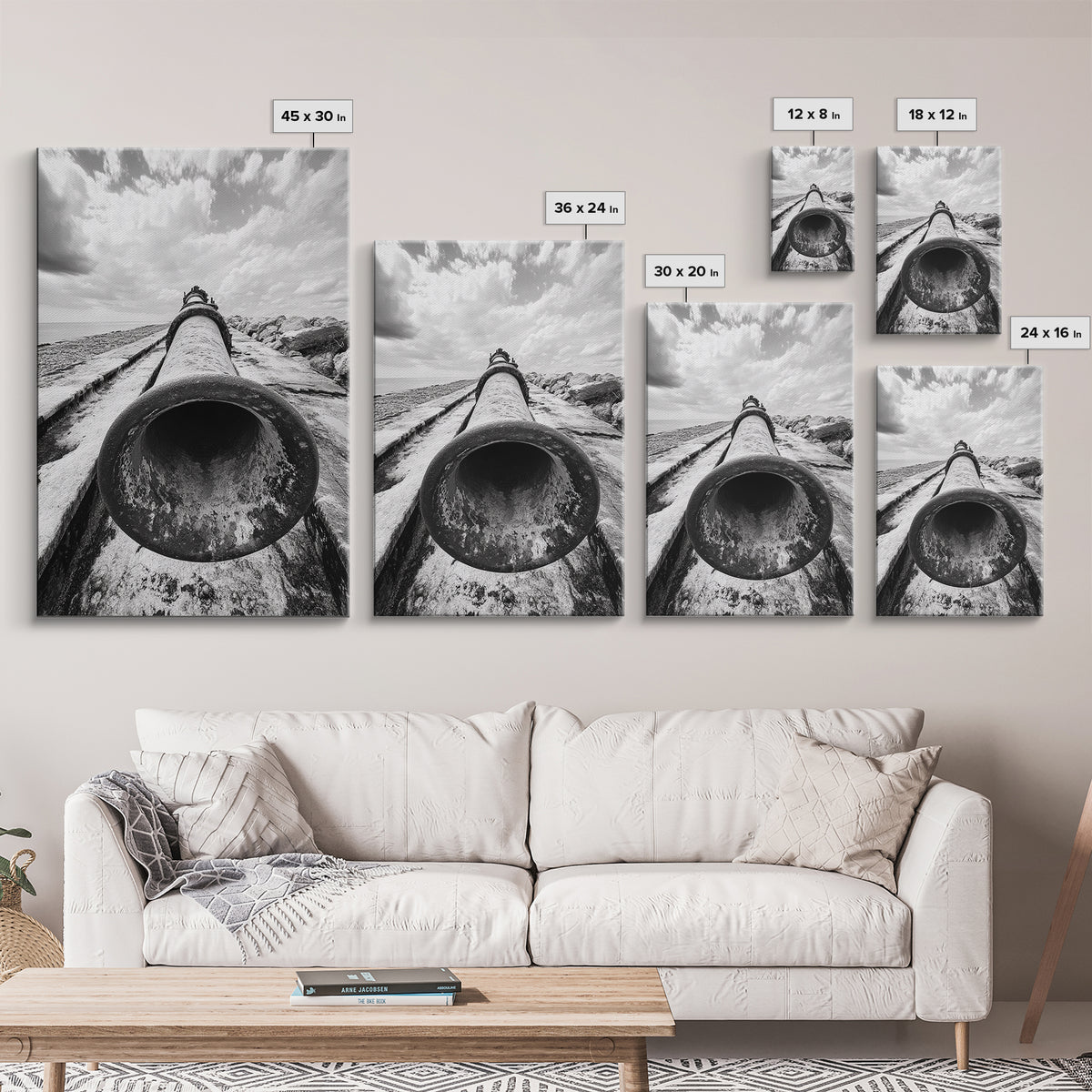 Abandoned Pipe, Coastal Decay, Industrial Remains, Framed Canvas Print, Urban Exploration Art, Gritty Minimalist Decor