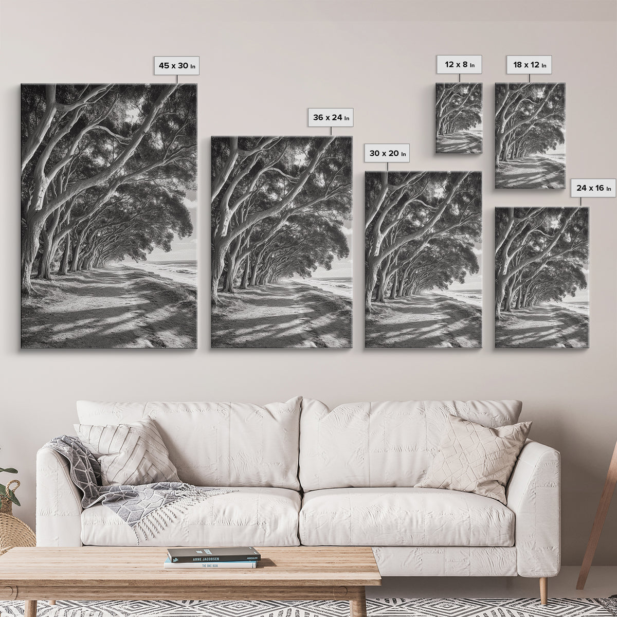 Coastal Tree Path, Nature Shadows, Ocean Breeze, Autumn Light, Framed Canvas Print, Living Room Wall Art, Moody Landscape Photography