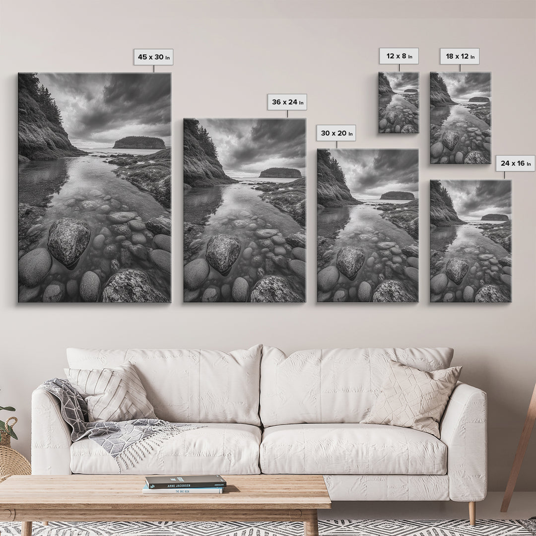 Rocky Shoreline Calm, Pebble Tidepool, Ocean Cliffs, Nature Escape, Canvas Print, Bathroom Wall Art, Black and White Coastal Art