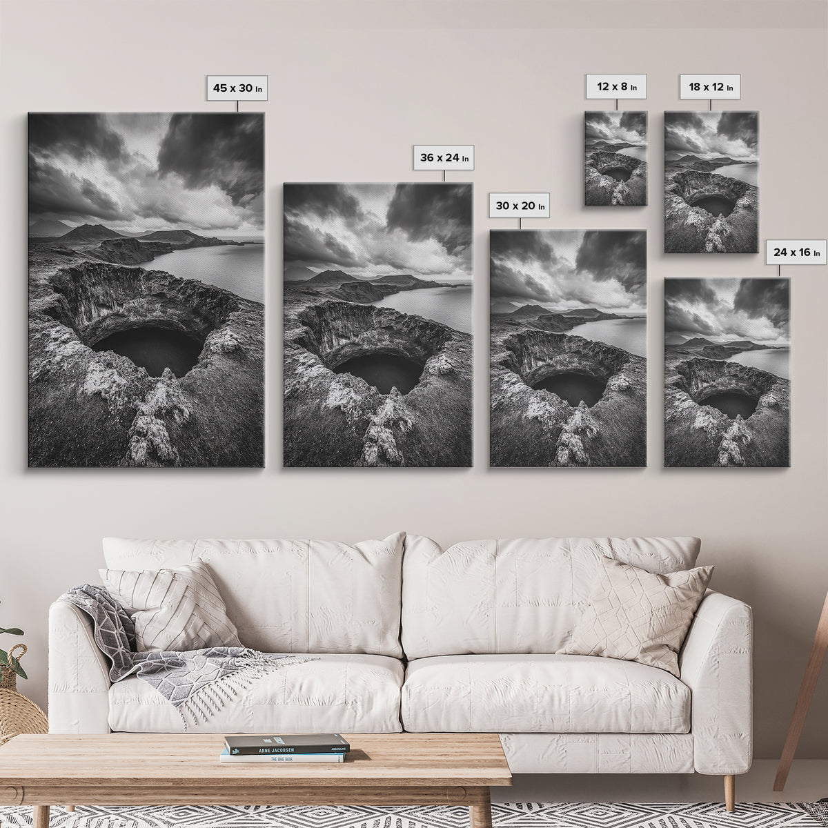 Crater Overlook Coast, Stormy Sky Mountains, Ocean Cliffs, Rugged Wilderness, Canvas Print, Den Wall Art, Moody Black and White Art