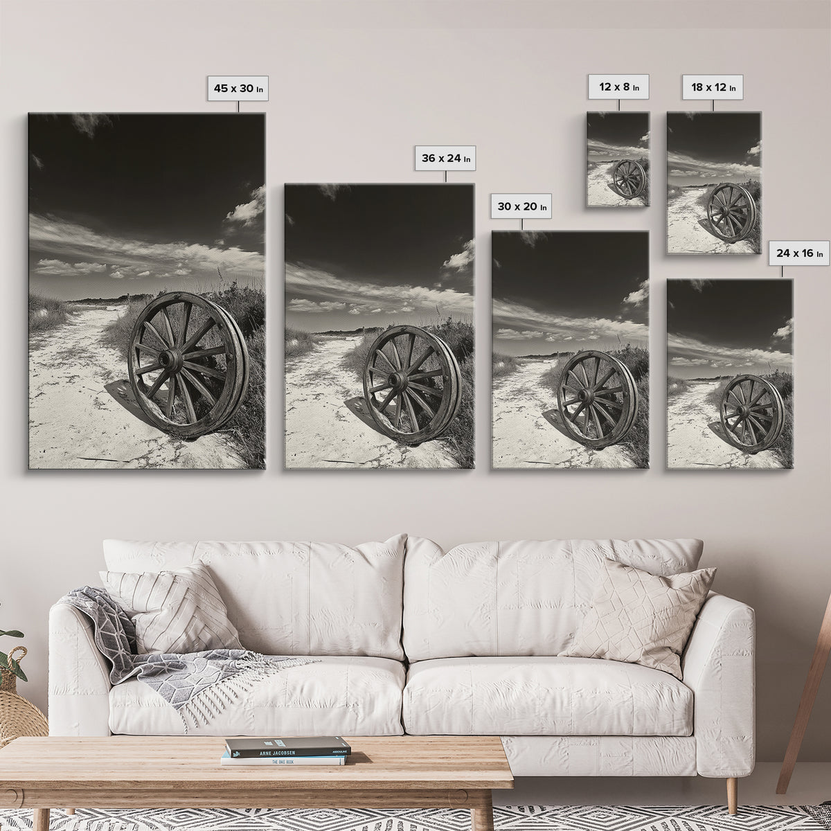 Desert Path, Wagon Wheel, Western Minimalism, Canvas Print, Boho Wall Decor, Neutral Tones, Entryway Art, Rustic Country Style