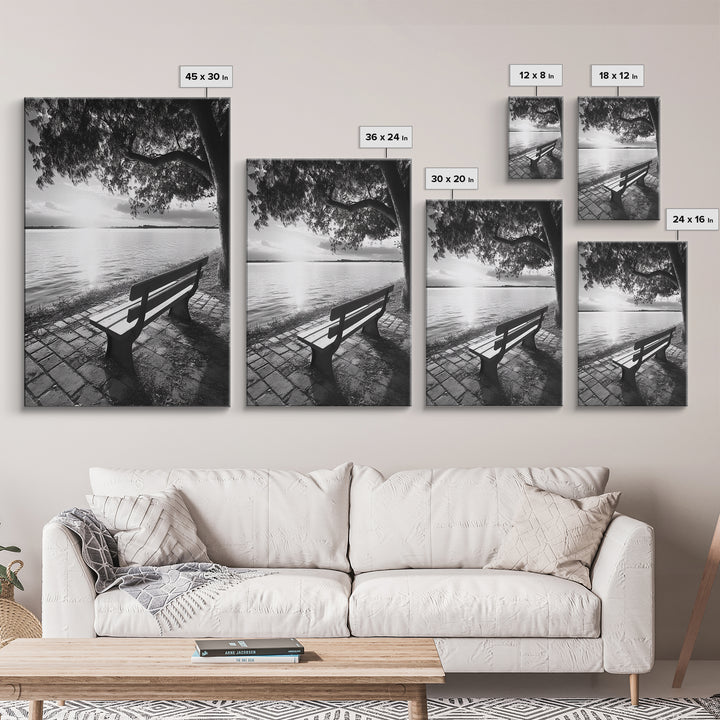 Peaceful Lake Bench, Tranquil Sunrise, Tree Shade View, Nature Serenity, Framed Canvas Print, Minimalist Art, Bedroom Wall Decor