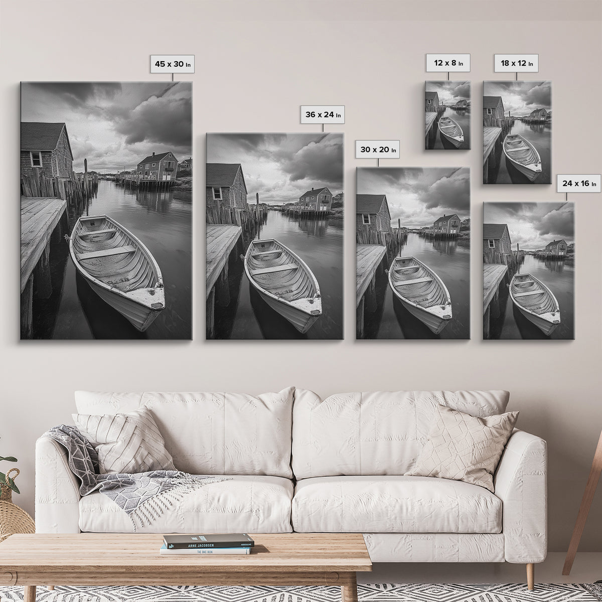 Docked Rowboat Scene, Calm Harbor, Coastal Village, Still Waters, Framed Canvas Print, Seaside Art, Beach House Wall Decor