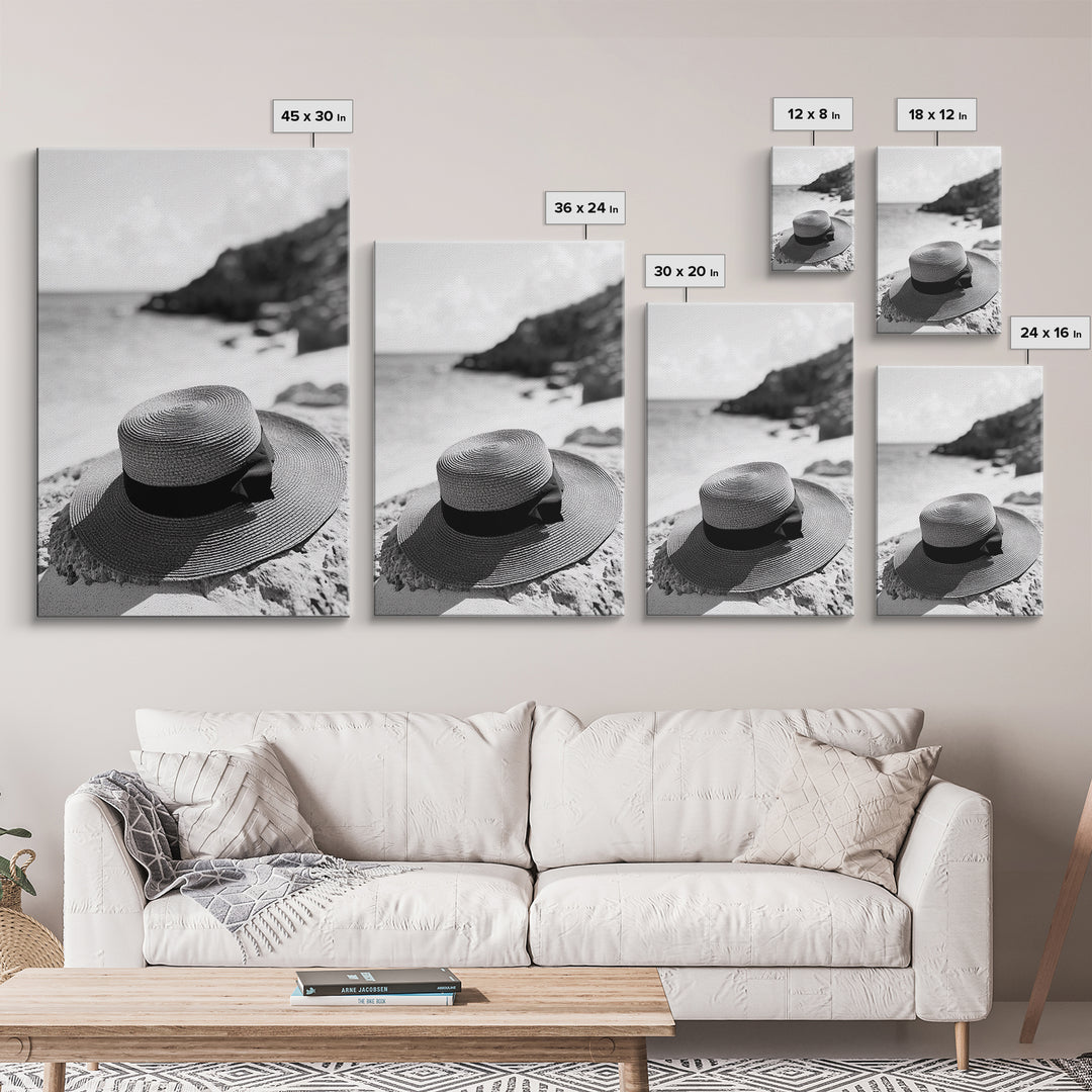 Beach Hat Closeup, Seaside Fashion, Coastal Breeze, Relaxed Mood, Framed Canvas Print, Minimalist Beach Art, Summer Home Decor