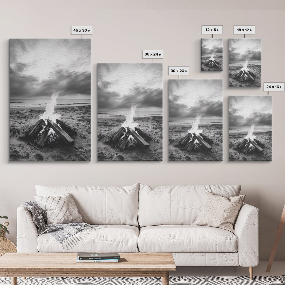 Beach bonfire moment, soft flame serenity, ocean dusk, coastal camp vibes, Framed Canvas Print, Fall decor, hygge inspired wall decor