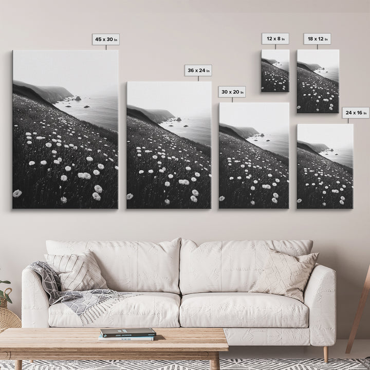 Daisy Cliffside Bloom, Coastal Flowers, Peaceful Nature Scene, Framed Canvas Print, Bedroom Wall Art, Botanical Decor, Minimalist Style