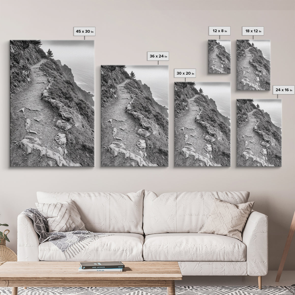 Rocky Cliff Trail, Coastal Hiking, Rugged Landscape, Nature Adventure Art, Framed Canvas Print, Cabin Wall Decor, Black and White Aesthetic