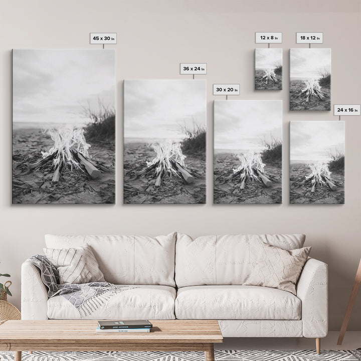 Campfire, Beach, Smoke, Glow - Cozy outdoor scene with flickering flame, Canvas Print, perfect rustic cabin or camping decor, Autumn Wall Art