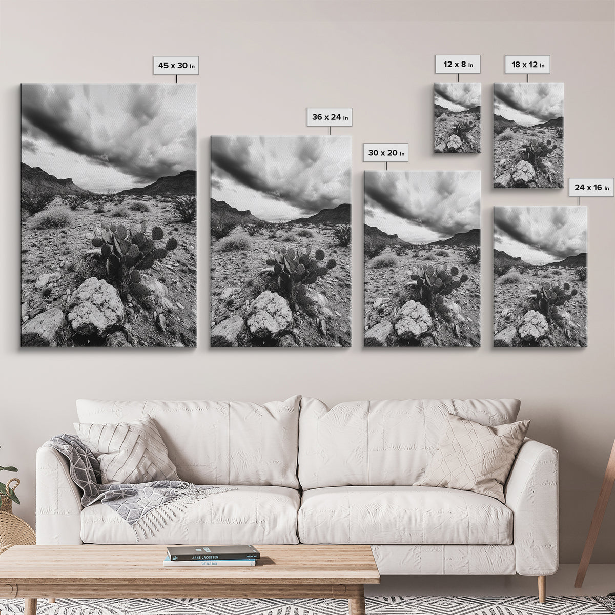 Desert Storm, Cactus Scene, Black White Art, Canvas Print, Southwest Wall Art, Earthy Tones Decor, Boho Style, Entryway Wall Accent