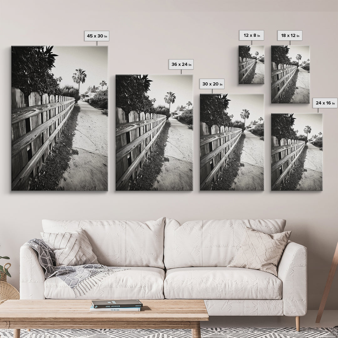 Palm Fence, California Pathway, Suburban Tranquility, Canvas Print, Outdoor Wall Art, Neutral Tones, Modern Minimalist Home Vibe