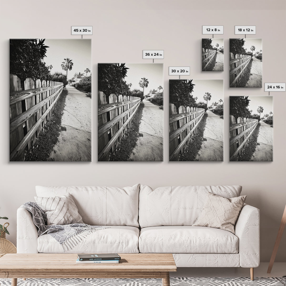 Palm Fence, California Pathway, Suburban Tranquility, Canvas Print, Outdoor Wall Art, Neutral Tones, Modern Minimalist Home Vibe