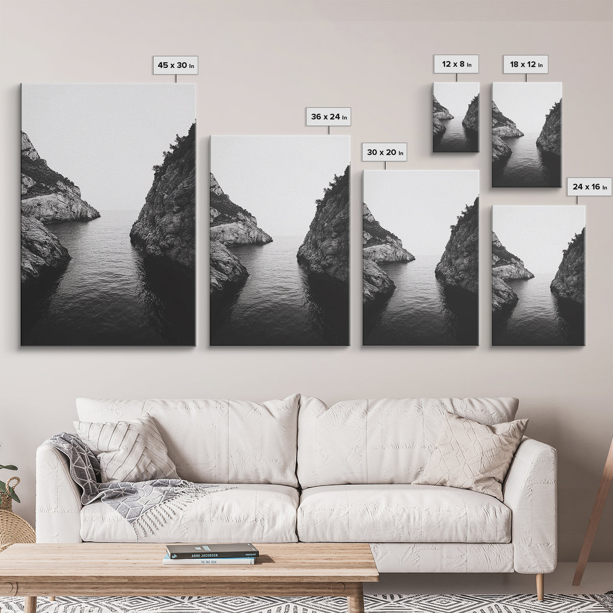 Cliffs, Ocean, Channel, Serenity - Dramatic rocky inlet view, Framed Canvas Print, ideal bathroom or hallway wall art, nature lover minimalist